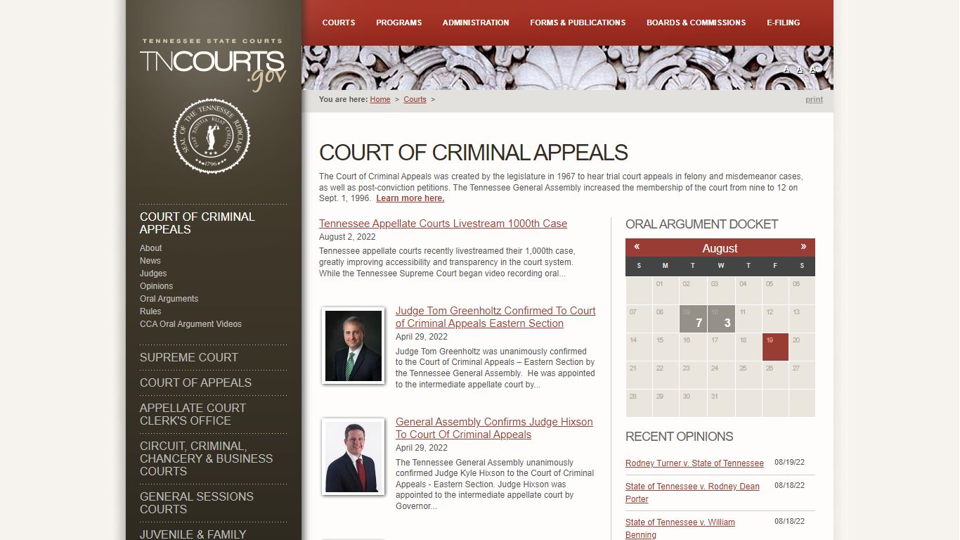 Court of Criminal Appeals | Tennessee Administrative Office of the Courts