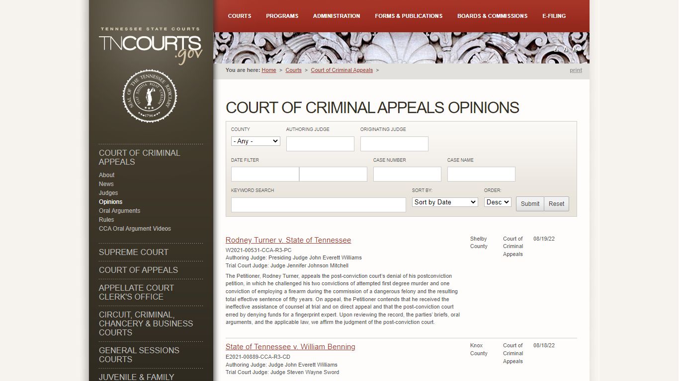 Court of Criminal Appeals Opinions | Tennessee Administrative Office of ...